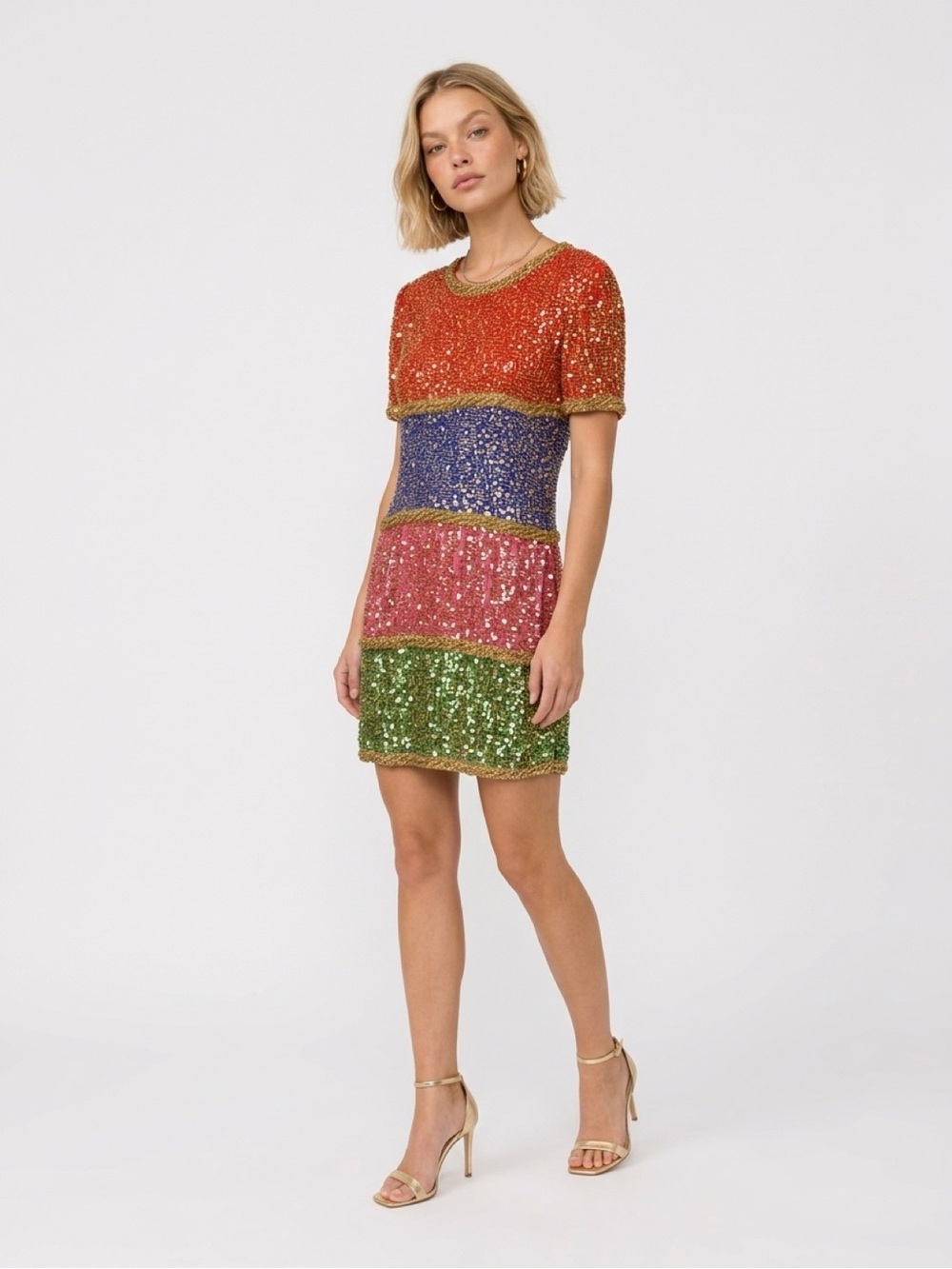 Vintage Bali wood hollywood glam Sequin Short Sleeve Party Dress